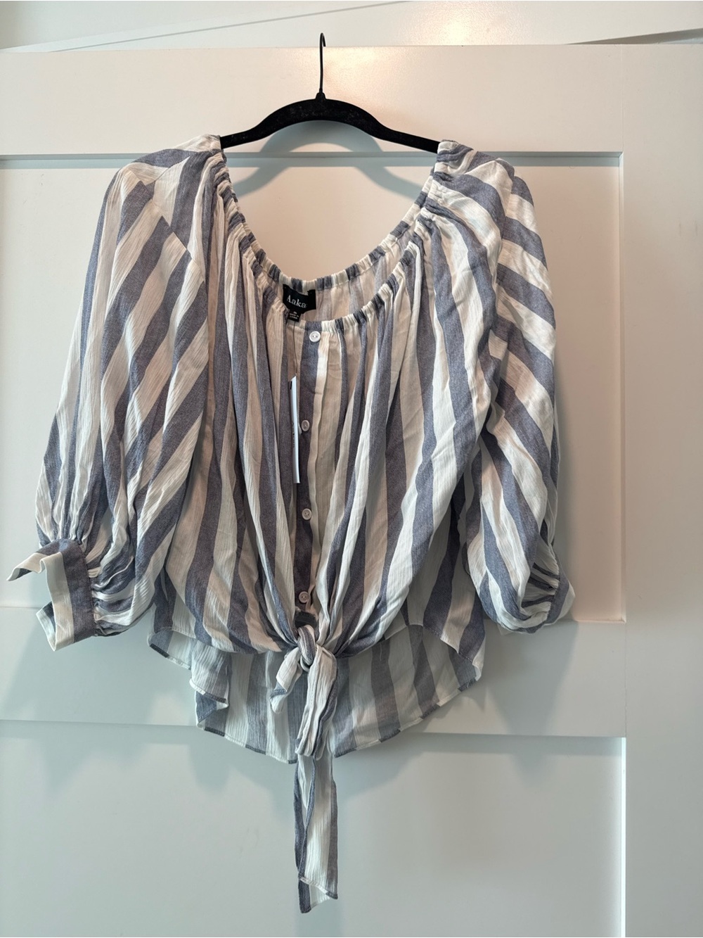 Blue and White Striped Tie-Front Peasant Top